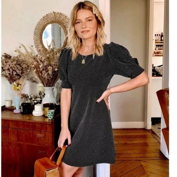 Free People Mini Dress XS Black Micro Dot Puff Sleeve Soft Goth Moody Romantic - Picture 2 of 12
